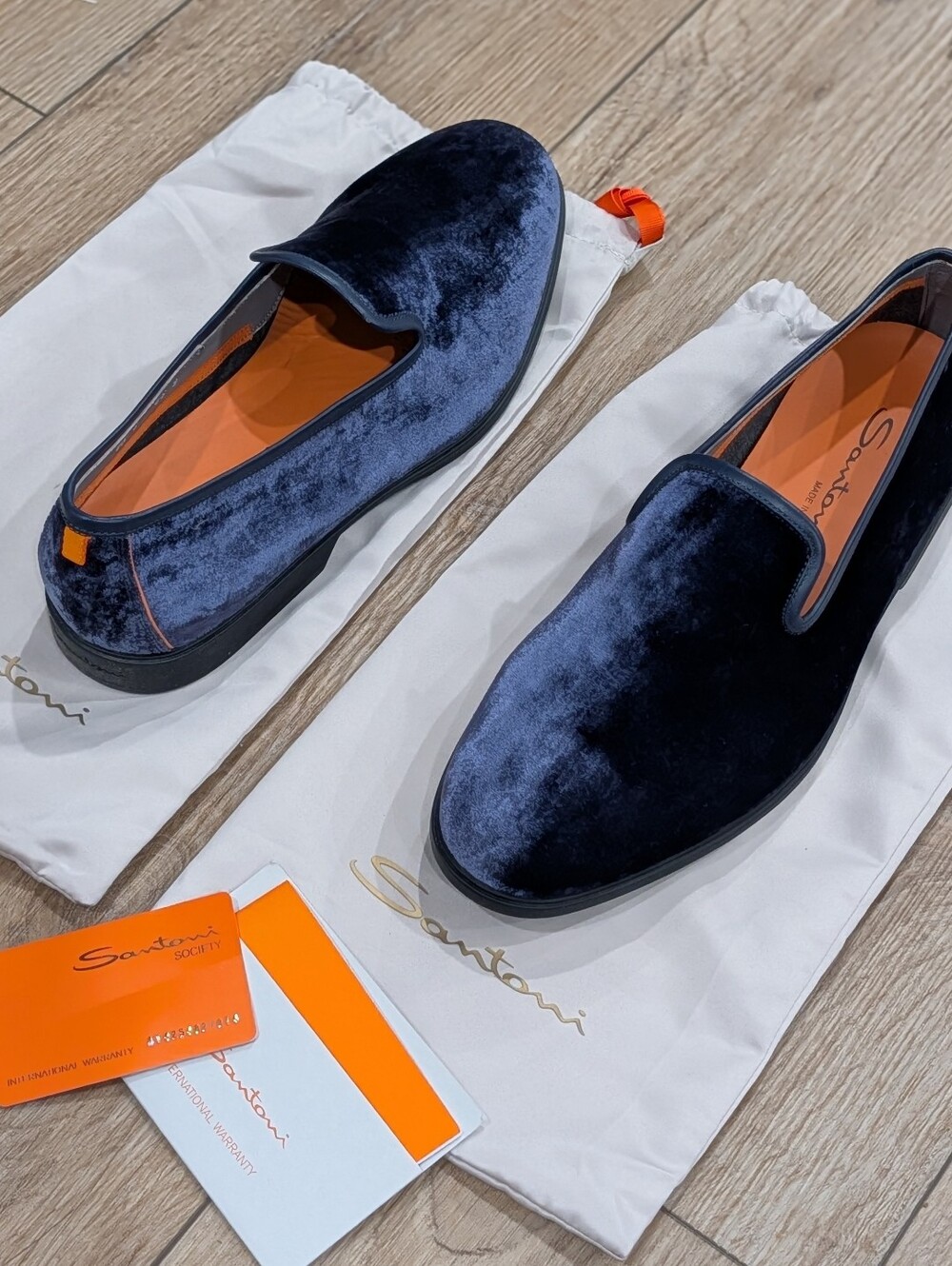 $760 Mens SANTONI Smooth Velvet Evening Shoes Smoking Slippers Blue US 9